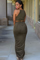 Sexy Olive Faux Suede Two Piece Maxi Skirt Set