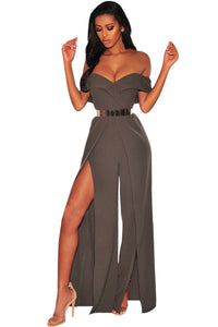 Sexy Olive Faux Wrap Off Shoulder Palazzo Jumpsuit