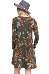 Sexy Olive Feather Graphic Pocket Tunic Dress