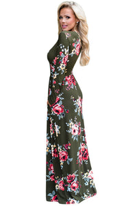 Sexy Olive Floral Surplice Long Sleeve Maxi Boho Dress