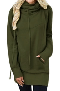 Sexy Olive Funnel Neck Long Sleeve Pocket Hoodie