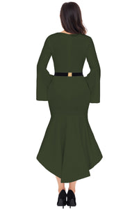 Sexy Olive Green Bell Sleeve Dip Hem Belted Dress