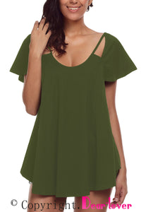 Sexy Olive Green Cutout Cold Shoulder Flowy Top