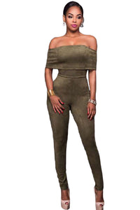 Sexy Olive Green Faux Suede Off-the-shoulder Jumpsuit