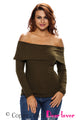 Sexy Olive Knit Off Shoulder Ribbed Long Sleeves Top