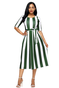 Sexy Olive Stripe Print Half Sleeve Belted Dress