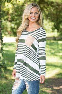 Sexy Olive Striped Patch Elbow Raglan Blouse