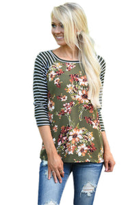 Sexy Olive Striped Sleeves Floral Top