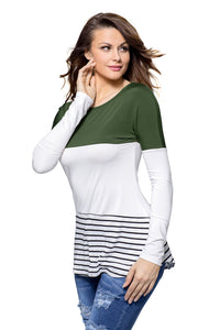 Sexy Olive White Color Block Striped Long Sleeve Blouse Top