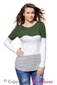 Sexy Olive White Color Block Striped Long Sleeve Blouse Top