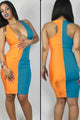 Sexy Orange Blue Block Plunging Neck Bodycon Dress