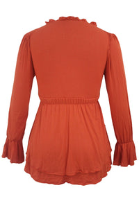 Sexy Orange Drawstring V Neck Elastic Long Sleeve Top