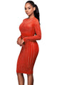 Sexy Orange Faux Suede Rhinestone Front Long Sleeves Dress