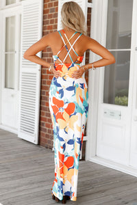 Sexy Orangish Multi-color Floral Print Crisscross Back Maxi Dress