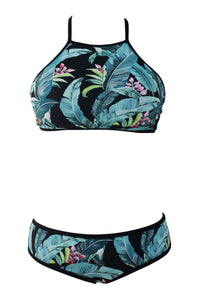 Sexy Palm Floral Halter Crop Tankini Set Swimwear