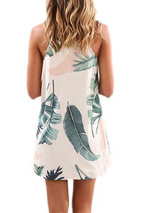 Sexy Palm Tree Leaf Print Ivory Sleeveless Dress