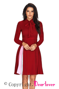 Sexy Patchwork Tie Neck Long Sleeve Burgundy Flared Dress