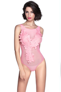 Sexy Peach Floral Embroidered Sheer Mesh Bodysuit