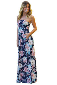 Sexy Peach Navy Floral Strapless Maxi Dress with Pockets