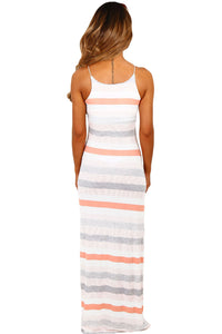 Sexy Peach and White Stripe Jersey Maxi Bohemian Dress