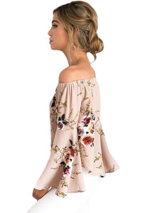 Sexy Peachy Floral Elastic Off Shoulder Bell Sleeve Top