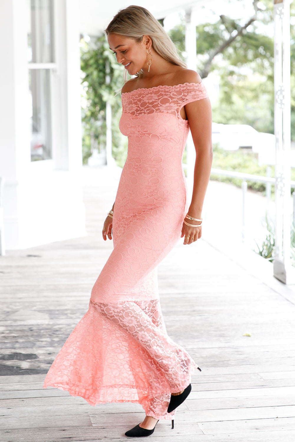 Pink lace fishtail maxi dress Clearance