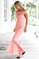Sexy Pink Bardot Lace Fishtail Maxi Dress
