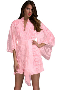 Sexy Pink Belted Lace Kimono Nightwear
