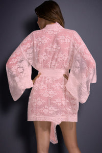 Sexy Pink Belted Lace Kimono Nightwear