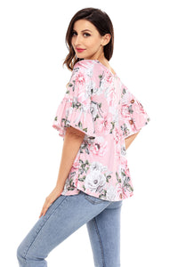 Sexy Pink Big Floral Print Ruffle Sleeve Top