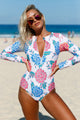Sexy Pink Blue Peony Long Sleeve Zip Front One Piece Swimsuit