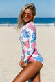 Sexy Pink Blue Peony Long Sleeve Zip Front One Piece Swimsuit