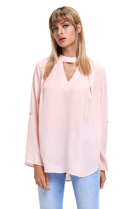 Sexy Pink Choker Cut out V Neck Blouse with Keyhole Back