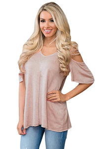Sexy Pink Cold Shoulder Crisscross Detail Relaxing Fit Top
