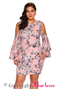 Sexy Pink Cold Shoulder Floral Print Plus Size Dress