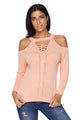 Sexy Pink Cold Shoulder Lace up Detail Knit Sweater Top