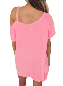 Sexy Pink Cold Shoulder Short Sleeve Loose Fit Tops