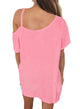 Sexy Pink Cold Shoulder Short Sleeve Loose Fit Tops