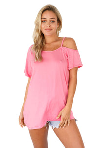 Sexy Pink Cold Shoulder Short Sleeve Loose Fit Tops