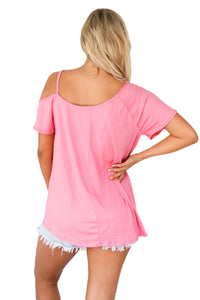 Sexy Pink Cold Shoulder Short Sleeve Loose Fit Tops