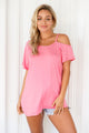 Sexy Pink Cold Shoulder Short Sleeve Loose Fit Tops