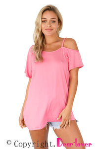 Sexy Pink Cold Shoulder Short Sleeve Loose Fit Tops
