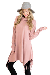 Sexy Pink Cowl Neck Fringe Tunic