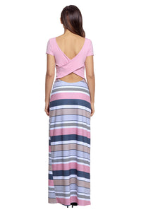 Sexy Pink Crisscross Back Muliticolor Maxi Dress