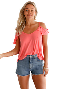 Sexy Pink Crisscross Back Ruffle Cold Shoulder Top