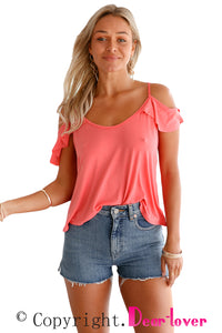 Sexy Pink Crisscross Back Ruffle Cold Shoulder Top