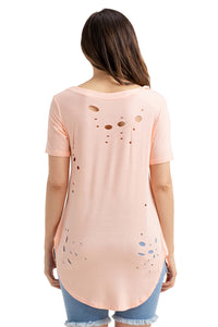 Sexy Pink Crisscross Neckline Distressed Cotton T-shirt