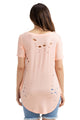 Sexy Pink Crisscross Neckline Distressed Cotton T-shirt