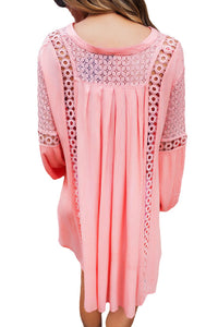 Sexy Pink Crochet Lace Trim Relaxed Long Sleeve Tunic