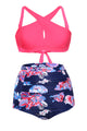 Sexy Pink Cross Front Bikini Vintage Floral High Waist Swimsuit